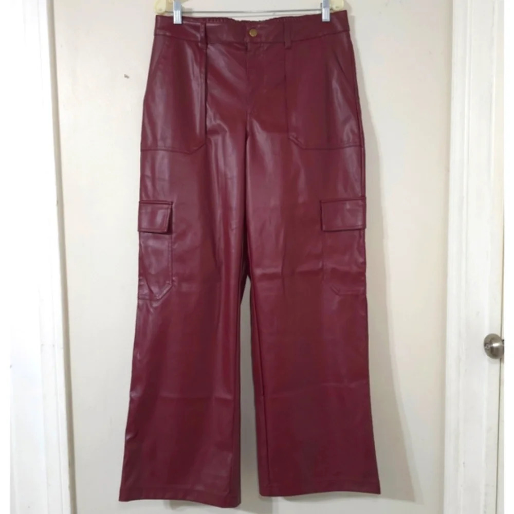 WILD FABLE Faux Leather Burgundy Wine Wide Leg Cargo Pants, Elastic Back Waist - Picture 4 of 16